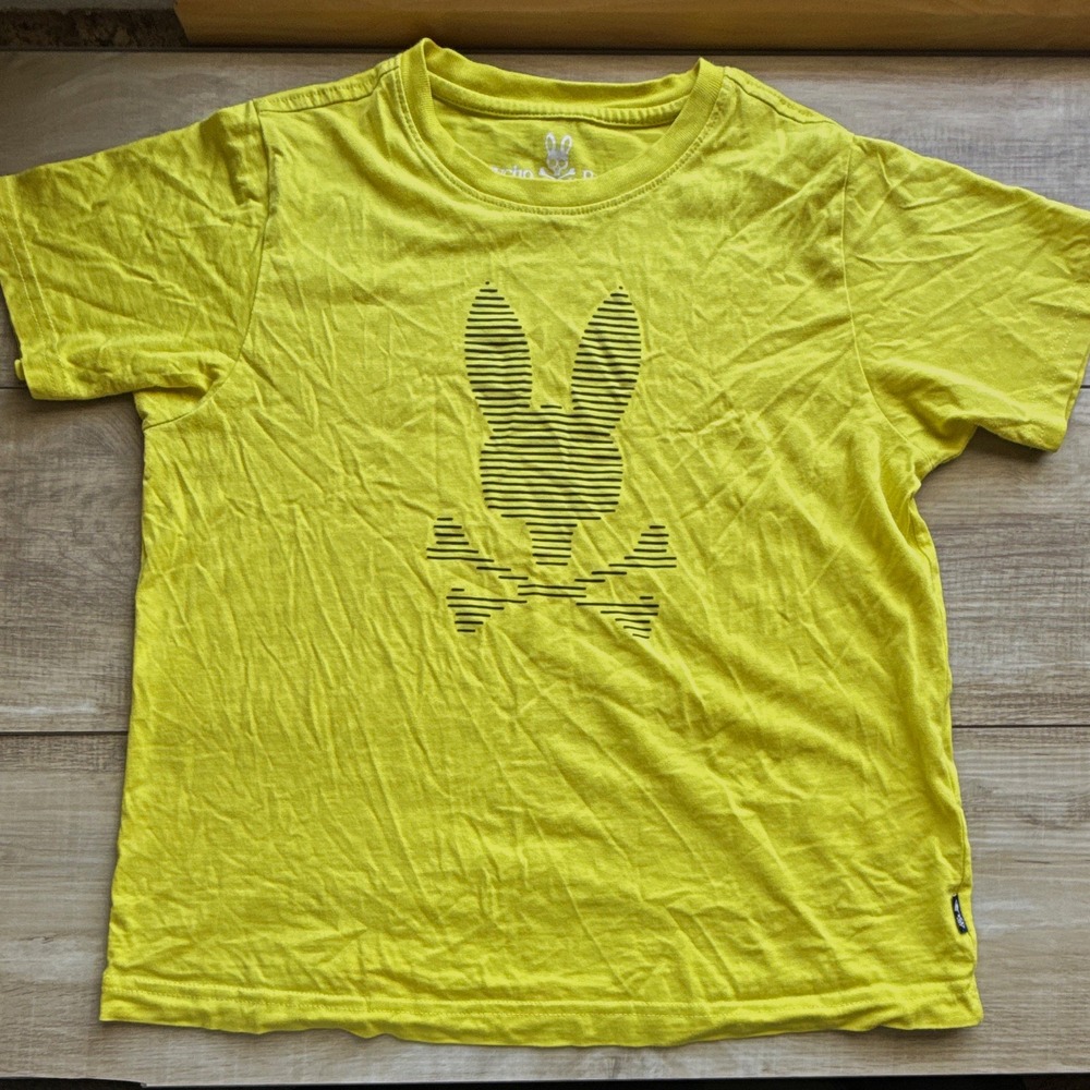 Psycho Bunny Unisex Kids 10-12 Yellow Logo Graphic Tee Pima Cotton Crew